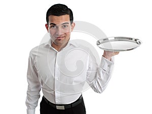 Waiter or bartender holding a silver tray