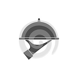 Waiter black icon symbol. Hand holding tray vector illustration