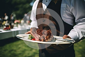 Waiter carries an order on a dish. Served grilled steak with vegetables on the board. Outdoor restaurant. Generative AI.