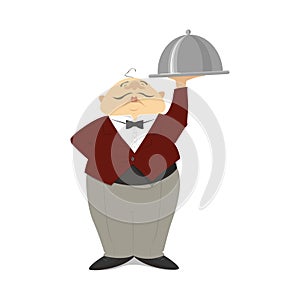 Waiter with a dish, in a suit. The waiter carried the dish. Cartoon Vector