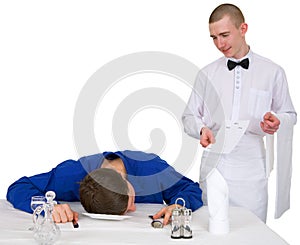 Waiter and drunk guest of restaurant