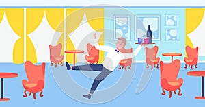 Waiter falling with tray wine glasses elegant man service staff failure accident concept modern restaurant interior flat