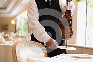 Waiter, fine dining and beef with service, skewer and restaurant for dinner or lunch. Person, food and luxury with