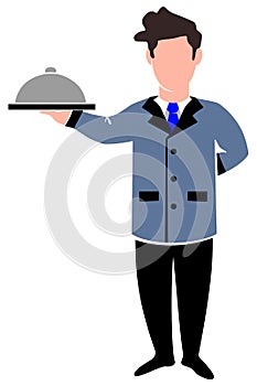 Waiter with food tray service sign icon graphic element, vector illustration