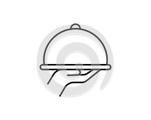 Waiter hand holding cloche serving plate flat vector icon for food apps and websites