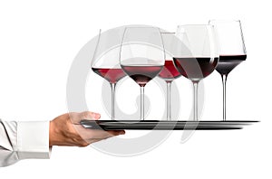 Waiter hand holding metal tray with set of red wine glasses isolated on white background