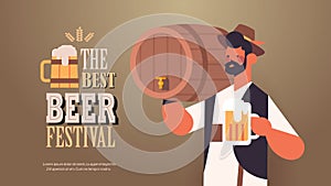 Waiter holding barrel and mug beer festival Oktoberfest party celebration concept