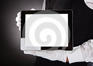 Waiter holding digital tablet