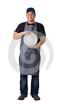 Waiter holding empty plate isolated on white background