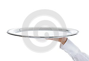 Waiter holding empty silver tray