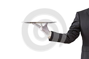 Waiter holding empty silver tray