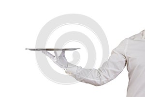 Waiter holding empty silver tray