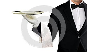 Waiter holding empty silver tray