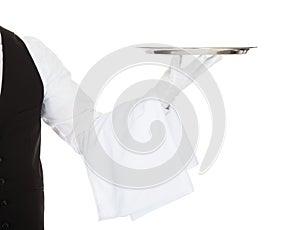 Waiter holding empty silver tray