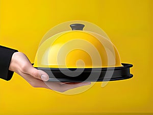 Waiter holding metal tray with lid on yellow background. Generative Ai