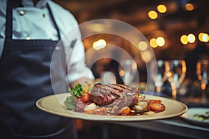 Waiter holding a plate with grilled beef steak with roasted vegetables on a side. Serving fancy food in a restaurant