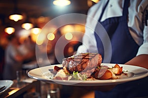 Waiter holding a plate with grilled beef steak with roasted vegetables on a side. Serving fancy food in a restaurant