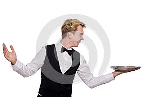 The waiter holding plate isolated on white