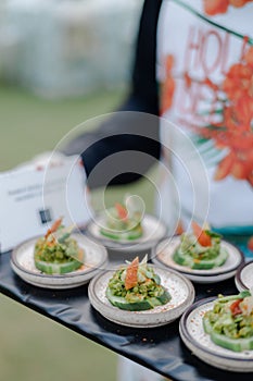 Waiter holding a tray of assorted festive appetizers for the guests of the event