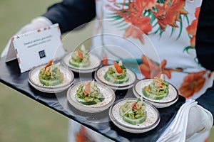 Waiter holding a tray of assorted festive appetizers for the guests of the event