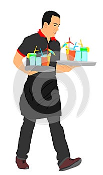 Waiter holding tray with order drinks for guests vector illustration. Servant in restaurant taking orders. Worker in pub serve foo