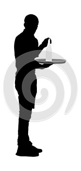 Waiter holding tray with order drinks for guests vector silhouette. Servant in restaurant taking orders. Worker in pub serve food.