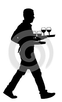 Waiter holding tray with order drinks for guests vector silhouette. Servant in restaurant taking orders. Worker in pub serve wine