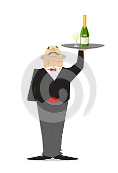 The waiter holds a tray of champagne. Waiter in the restaurant.