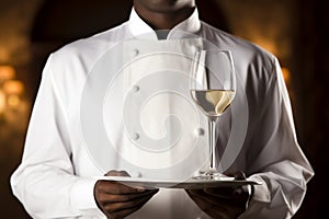 The waiter holds a tray with a glass of champagne