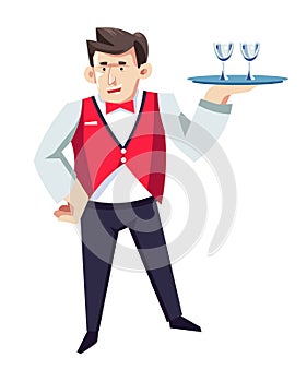 Waiter in hotel restaurant with glasses on tray in uniform