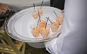 Waiter offering gazpacho and salmorejo shots photo