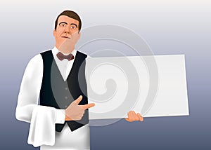 A waiter points to an empty sign, presenting a menu.