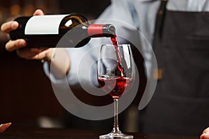 Waiter pouring red wine into wineglass. Sommelier pours alcoholic drink