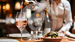 Waiter pouring rosÃ© wine into a glass, fine dining setting. RosÃ© wine service at an upscale restaurant, with a focus on the