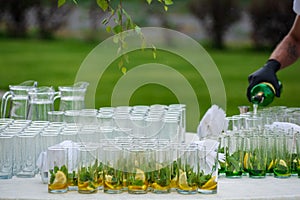 The waiter prepares mojito drinks for a festive banquet in nature