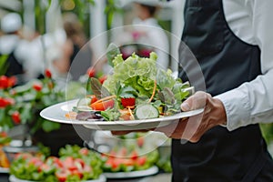 Waiter presenting gourmet salad with mozzarella and fresh vegetables