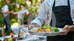 Waiter presenting gourmet salad with mozzarella and fresh vegetables