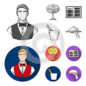 Waiter, reserve sign, menu, champagne in an ice bucket.Restaurant set collection icons in monochrome,flat style vector