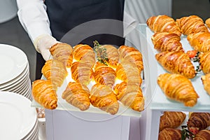 The waiter is servering catering buffet table with food and snacks for guests of the event. Dining Food Celebration Party Concept.