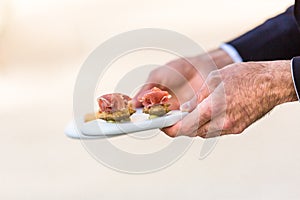 Waiter serving appetizers and finger food