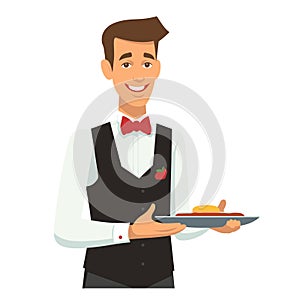 Waiter serving delicious salad, smiling male restaurant staff presenting dish. Smartly dressed photo