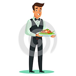 Waiter serving delicious salad, smiling male restaurant staff presenting dish. Smartly dressed photo