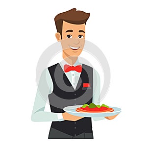 Waiter serving delicious salad, smiling male restaurant staff presenting dish. Smartly dressed photo