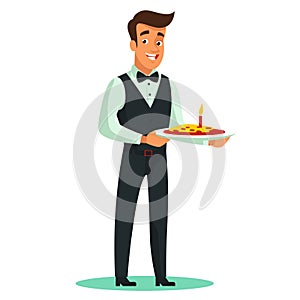 Waiter serving delicious salad, smiling male restaurant staff presenting dish. Smartly dressed photo