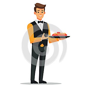 Waiter serving delicious salad, smiling male restaurant staff presenting dish. Smartly dressed photo