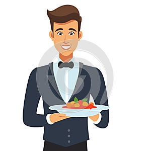 Waiter serving delicious salad, smiling male restaurant staff presenting dish. Smartly dressed photo