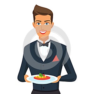 Waiter serving delicious salad, smiling male restaurant staff presenting dish. Smartly dressed photo