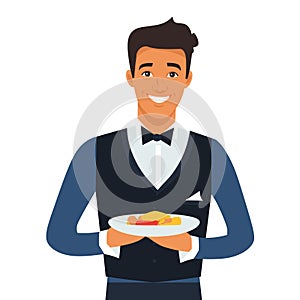 Waiter serving delicious salad, smiling male restaurant staff presenting dish. Smartly dressed photo