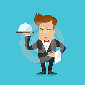 Waiter serving a meal under a silver cloche vector illustration