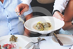 Waiter serving a plate of Greek stuffed grape leaves